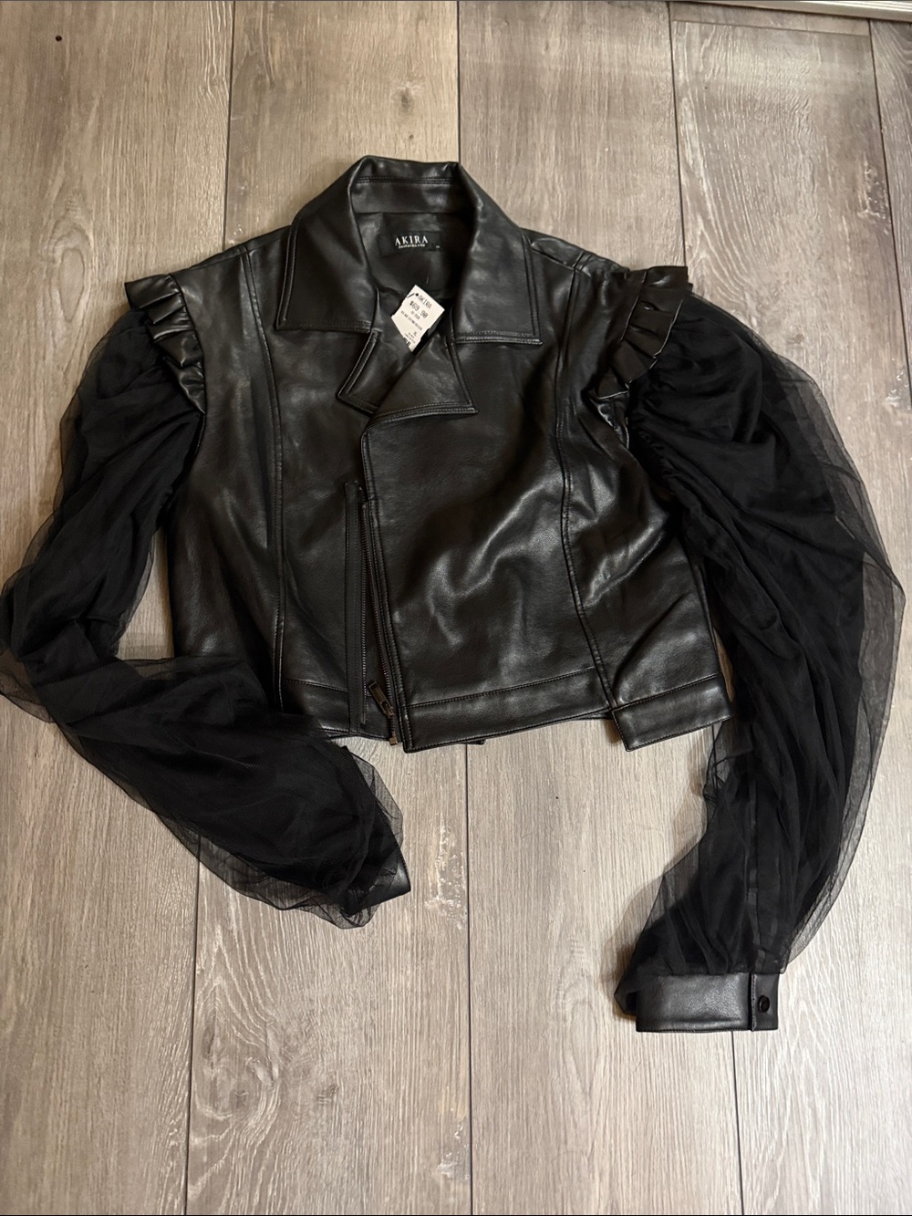 AKIRA Black Faux Leather Moto Jacket with Sheer Puff Tulle Sleeves
